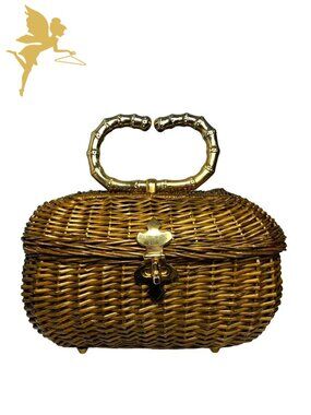 SUPER RARE VINTAGE 1950s Basketweave Box Bag With Metallic Bamboo Handle